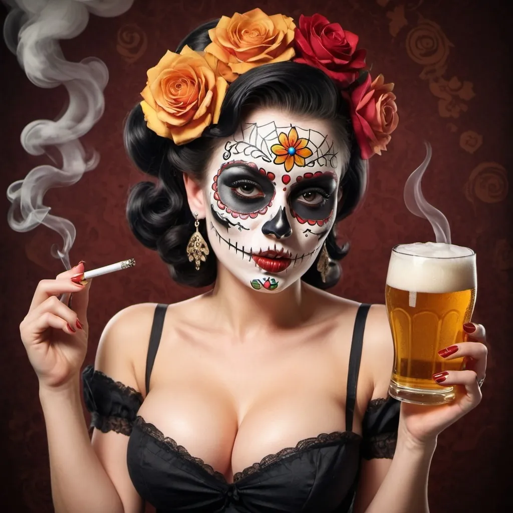 Prompt: beautiful vintage pinup style of a woman with a sugar skull face, smoking a cigarette and having a beer that reads "Don't take life so seriously, you'll never get out alive