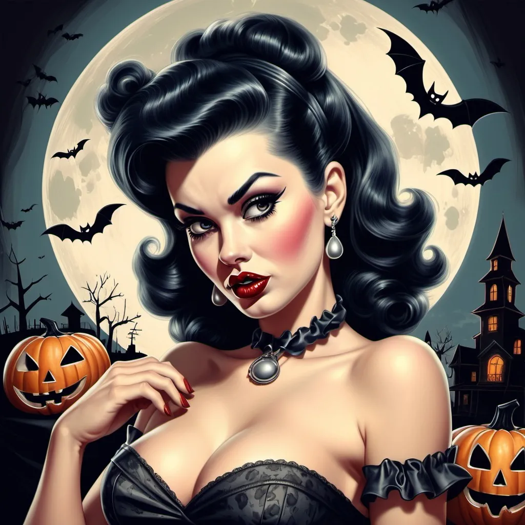 Prompt: a very detailed and sophisticated illustration of a pinup style beautiful rockabilly woman in 50's style Halloween horror art