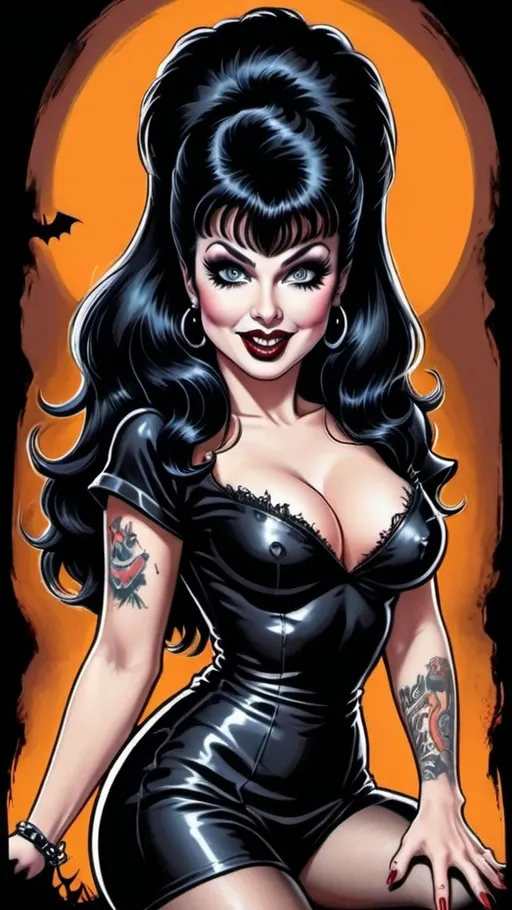 Prompt: a very detailed illustration of "Elvira, Mistress of the dark" as a 50's style beautiful pinup woman with a punk style  with tattoos  and posing in Halloween scenes