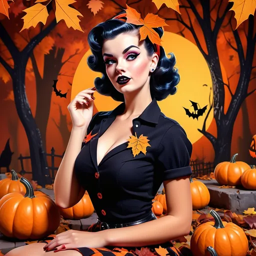 Prompt: (50's style pinup girl), (punk flair), vibrant colors, playful atmosphere, Halloween theme, dramatic shadows, retro outfit with edgy accessories, mischievous expression, colorful autumn leaves in background, glowing pumpkins, spooky decorations, high contrast, eye-catching style, ultra-detailed, 4K quality, capturing the essence of vintage charm mixed with contemporary rebellion.