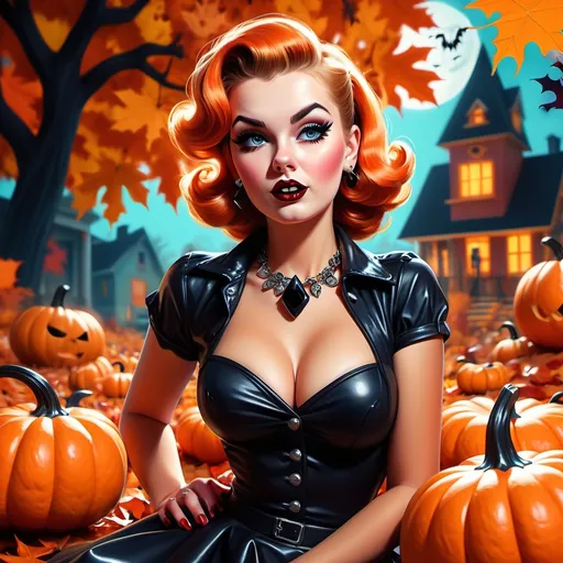 Prompt: (50's style pinup girl), (punk flair), vibrant colors, playful atmosphere, Halloween theme, dramatic shadows, retro outfit with edgy accessories, mischievous expression, colorful autumn leaves in background, glowing pumpkins, spooky decorations, high contrast, eye-catching style, ultra-detailed, 4K quality, capturing the essence of vintage charm mixed with contemporary rebellion.