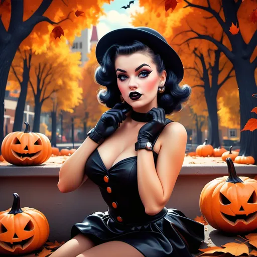 Prompt: (50's style pinup girl), (punk flair), vibrant colors, playful atmosphere, Halloween theme, dramatic shadows, retro outfit with edgy accessories, mischievous expression, colorful autumn leaves in background, glowing pumpkins, spooky decorations, high contrast, eye-catching style, ultra-detailed, 4K quality, capturing the essence of vintage charm mixed with contemporary rebellion.