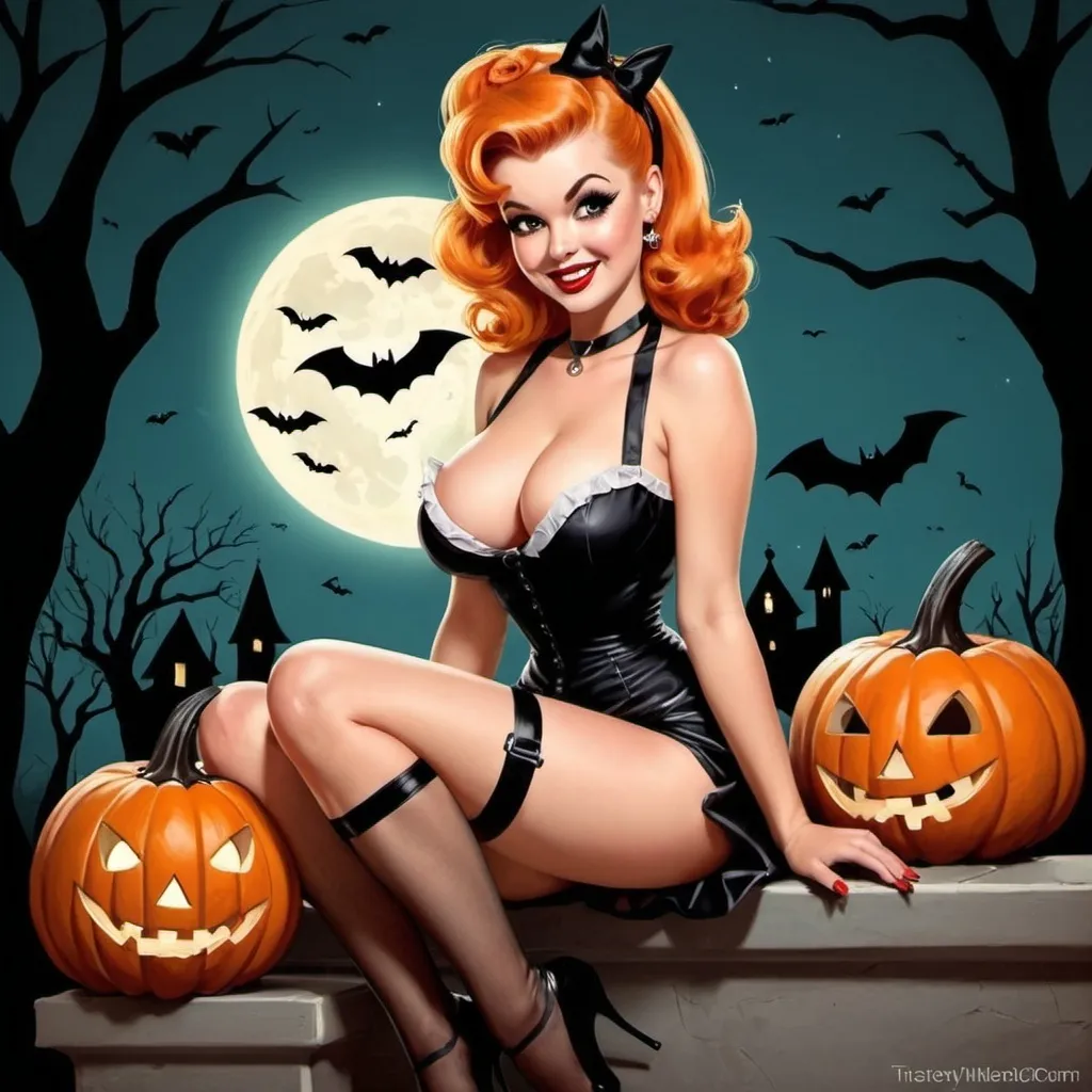 Prompt: cute and sarcastic pinup Halloween art happy halloween