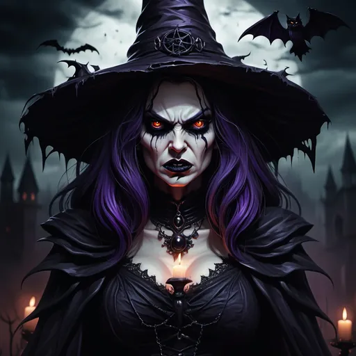 Prompt: (gothic illustration of an angry witch), elegant yet sinister pose, (deeply captivating evil eyes), intricate dark attire with dramatic textures, shadowy background filled with haunting elements, atmospheric and eerie ambiance, dark color palette with rich blacks and deep purples, (highly detailed) horror art style, (4K) ultra-detailed for intricate features and textures.