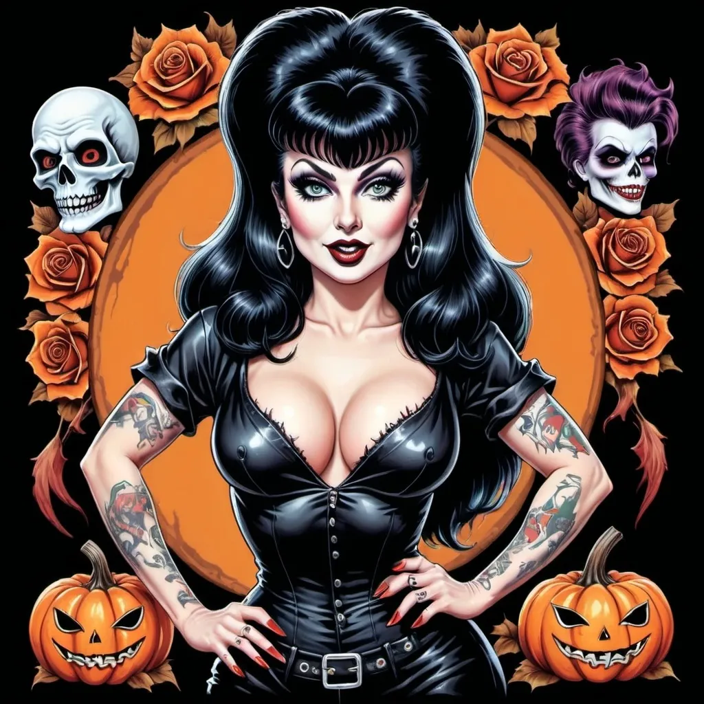 Prompt: a very detailed illustration of "Elvira, Mistress of the dark" as a 50's style beautiful pinup woman with a punk style  with tattoos  and posing in Halloween scenes