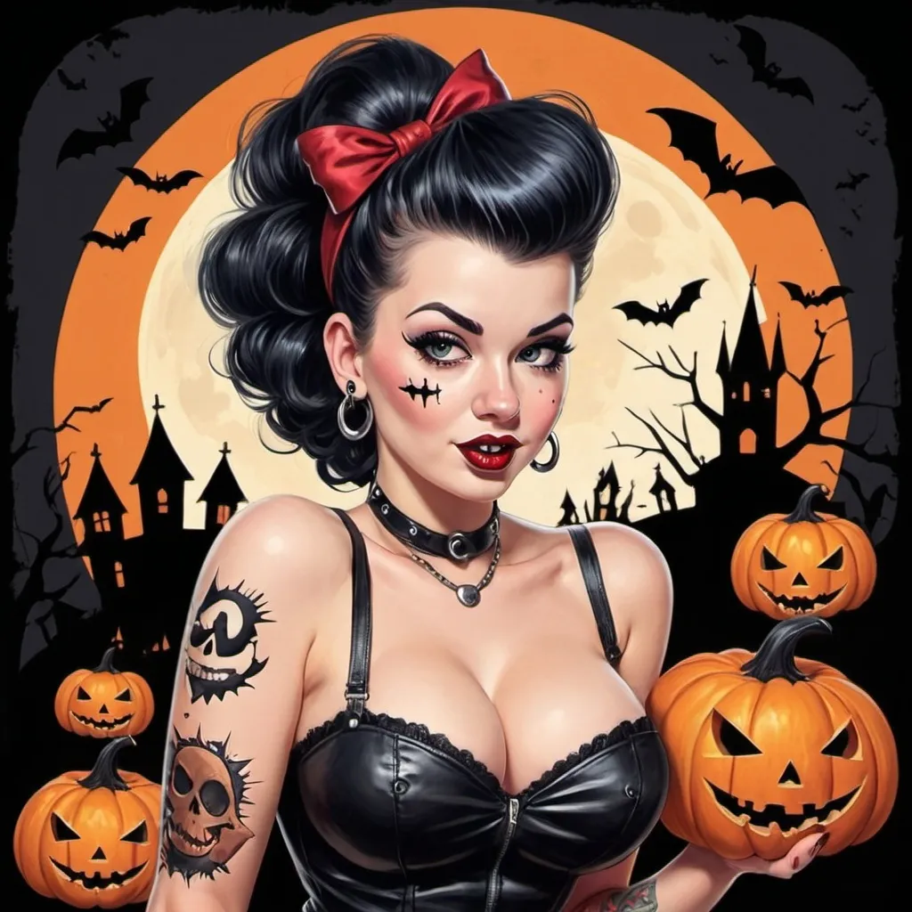 Prompt: pinup style halloween art with a punk theme 
