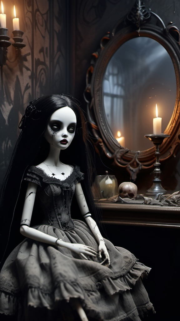 Prompt: Creepy dark gothic dolls, (highly detailed), sinister expression, porcelain faces, tattered dresses, and intricate accessories, eerie fog-shrouded background, haunting atmosphere, dim lighting, shadows dancing, (highly textured) fabric, intricate carvings on furniture, sepulchral ambiance, (4K) ultra-detailed realism, chilling elements like spider webs and cracked mirrors, unsettling color tones, deep blacks, and muted grays, invoking fear and curiosity.