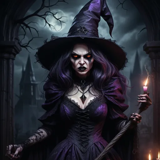 Prompt: (gothic illustration of an angry witch), elegant yet sinister pose, (deeply captivating evil eyes), intricate dark attire with dramatic textures, shadowy background filled with haunting elements, atmospheric and eerie ambiance, dark color palette with rich blacks and deep purples, (highly detailed) horror art style, (4K) ultra-detailed for intricate features and textures.