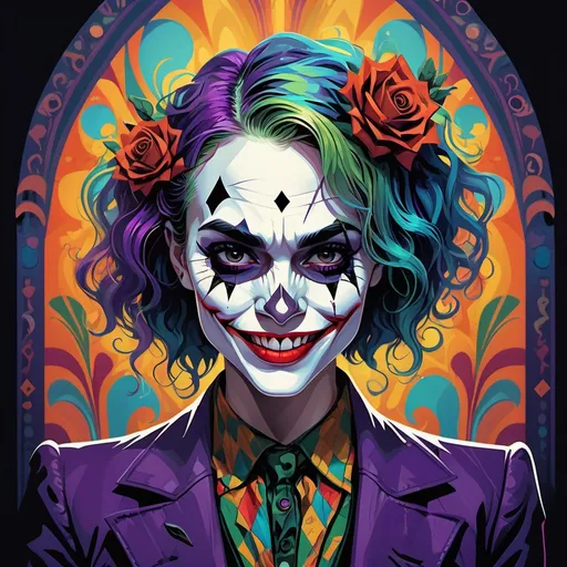 Prompt: (detailed illustration of The Joker), (colorful), beautiful female skull lady, captivating smile, artistic flair, intricate patterns, vibrant palette, high depth shadows, whimsical elements, gothic vibes, dynamic expression, artistic mastery, HD quality, surreal atmosphere, engaging composition, enchanting features, artistic depth