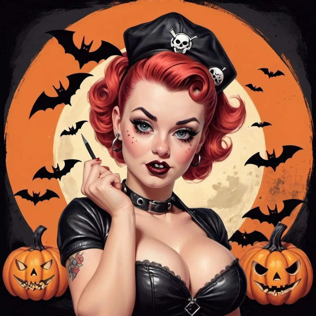 Prompt: pinup style halloween art with a punk theme
