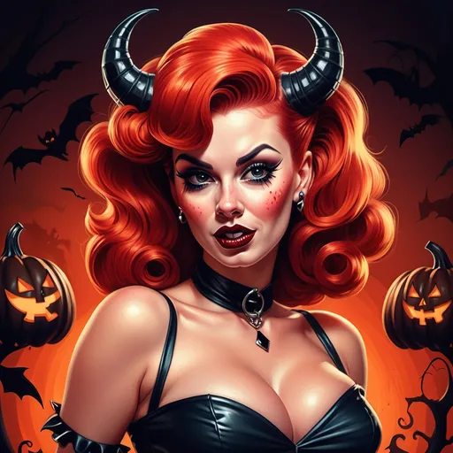 Prompt: (detailed and sophisticated illustration), pinup style rockabilly woman with red hair, dressed in a (vibrant) devil costume, 50's style, Halloween horror art, lively expression, stunning facial features, retro hair and makeup, playful pose, intricate detailing in costume, bold color contrasts, cinematic atmosphere, Halloween-themed background with spooky elements, (ultra-detailed) and high-quality art.