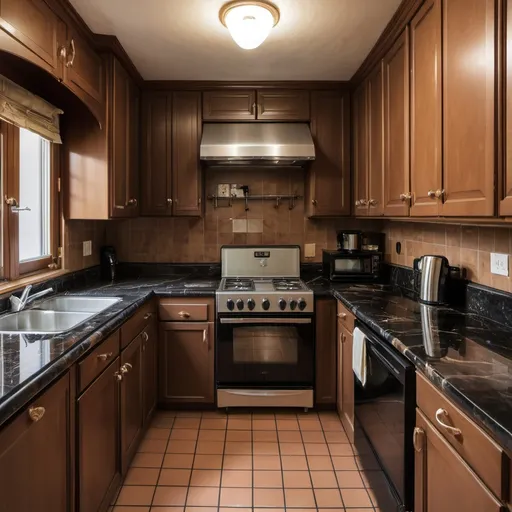 Prompt: A brown tiled kitchen, black marble counter top, oven, stove, three swivel kitchen chairs, cabinets, sink, fridge and freezer