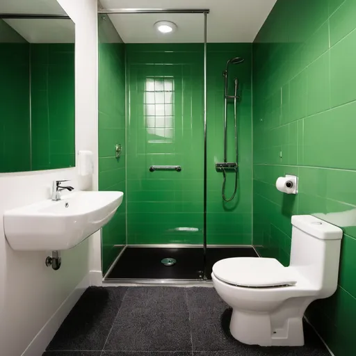 Prompt: A bathroom with a toilet, sink, shower, with green tiles and black carpet