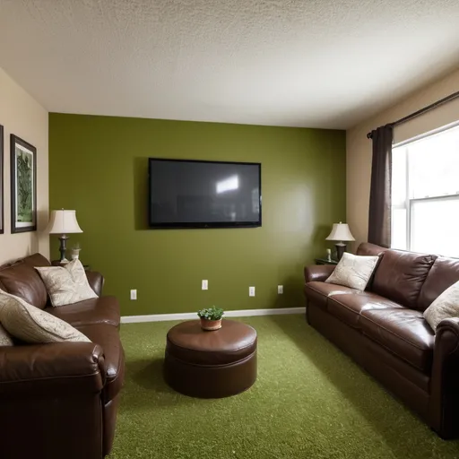 Prompt: A green carpeted living room with a brown sofa and a large mounted TV