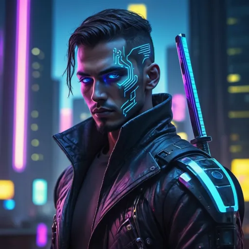 Prompt: Male Cyberpunk android with glowing neon katana, (futuristic), glowing neon lights, high-tech gadgets integrated, metallic skin with intricate patterns, intense urban background with skyscrapers and holograms, (moody atmosphere), vibrant and dark color palette of blues, purples, and yellows, high detail on facial features and expression, (4K) quality, (highly detailed) urban cyber ambiance.