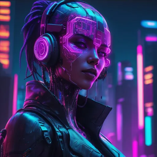 Prompt: Cyberpunk android, (futuristic), glowing neon lights, high-tech gadgets integrated, metallic skin with intricate patterns, intense urban background with skyscrapers and holograms, (moody atmosphere), vibrant and dark color palette of blues, purples, and pinks, high detail on facial features and expression, (4K) quality, (highly detailed) urban cyber ambiance.