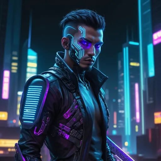 Prompt: Male Cyberpunk android with glowing neon katana, (futuristic), glowing neon lights, high-tech gadgets integrated, metallic skin with intricate patterns, intense urban background with skyscrapers and holograms, (moody atmosphere), vibrant and dark color palette of blues, purples, and yellows, high detail on facial features and expression, (4K) quality, (highly detailed) urban cyber ambiance.