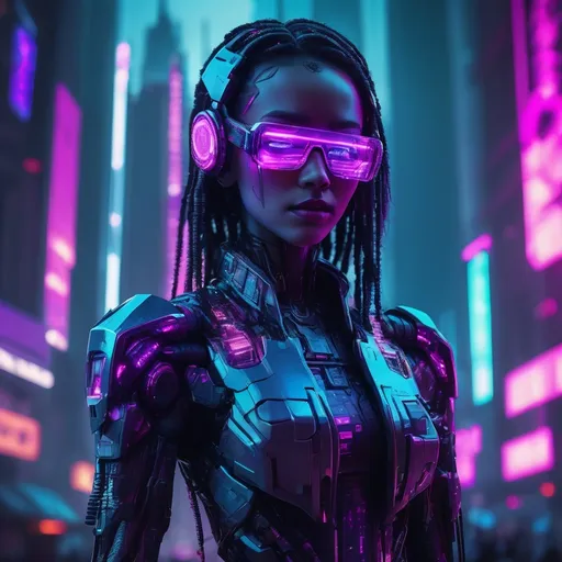 Prompt: Cyberpunk android, (futuristic), glowing neon lights, high-tech gadgets integrated, metallic skin with intricate patterns, intense urban background with skyscrapers and holograms, (moody atmosphere), vibrant and dark color palette of blues, purples, and pinks, high detail on facial features and expression, (4K) quality, (highly detailed) urban cyber ambiance.