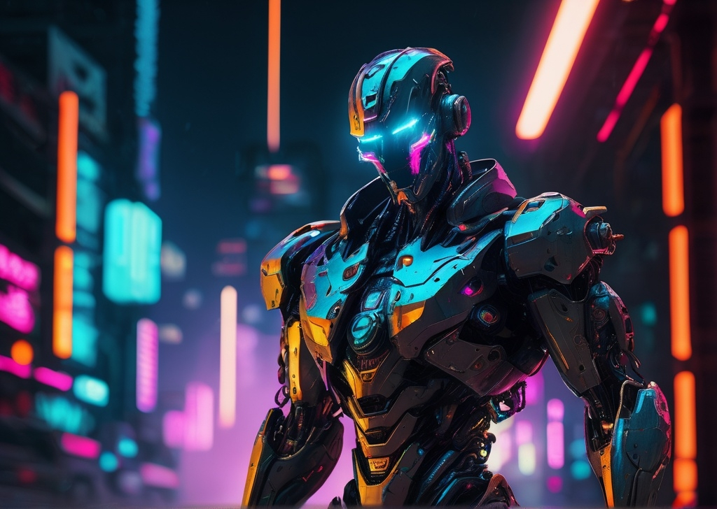 Prompt: (cyberpunk male robot, weaponized), futuristic design, sleek metallic body, glowing neon accents, intricate mechanical details, menacing stance, high-tech weaponry, dramatic lighting with neon colors, dark urban backdrop, high contrasts, ambiant atmosphere filled with tension, ultra-detailed, 4K resolution.