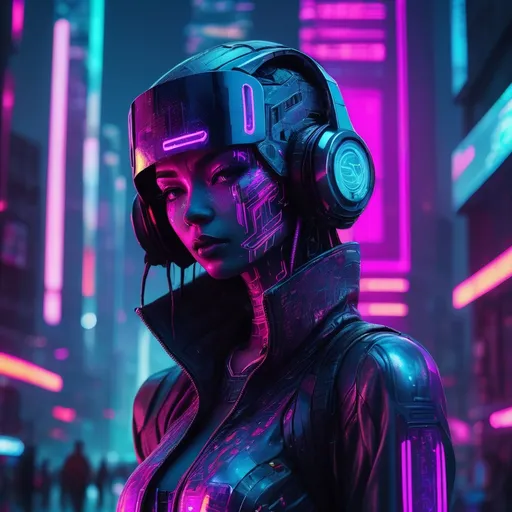 Prompt: Cyberpunk android, (futuristic), glowing neon lights, high-tech gadgets integrated, metallic skin with intricate patterns, intense urban background with skyscrapers and holograms, (moody atmosphere), vibrant and dark color palette of blues, purples, and pinks, high detail on facial features and expression, (4K) quality, (highly detailed) urban cyber ambiance.