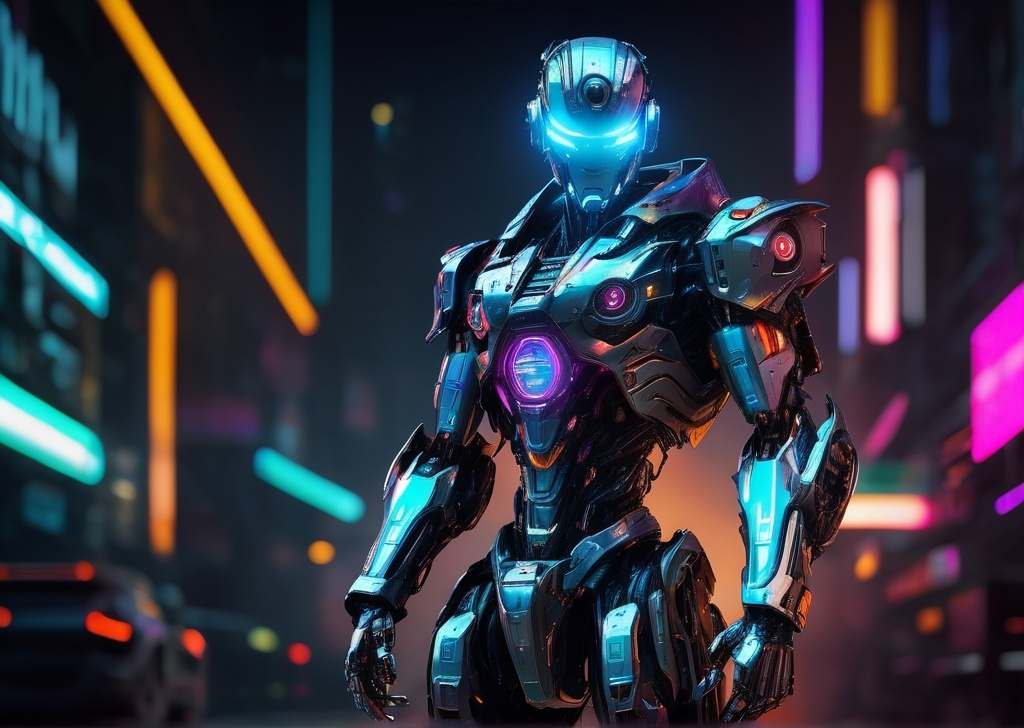 Prompt: (cyberpunk male robot, weaponized), futuristic design, sleek metallic body, glowing neon accents, intricate mechanical details, menacing stance, high-tech weaponry, dramatic lighting with neon colors, dark urban backdrop, high contrasts, ambiant atmosphere filled with tension, ultra-detailed, 4K resolution.