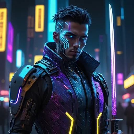 Prompt: Male Cyberpunk android with glowing neon katana, (futuristic), glowing neon lights, high-tech gadgets integrated, metallic skin with intricate patterns, intense urban background with skyscrapers and holograms, (moody atmosphere), vibrant and dark color palette of blues, purples, and yellows, high detail on facial features and expression, (4K) quality, (highly detailed) urban cyber ambiance.