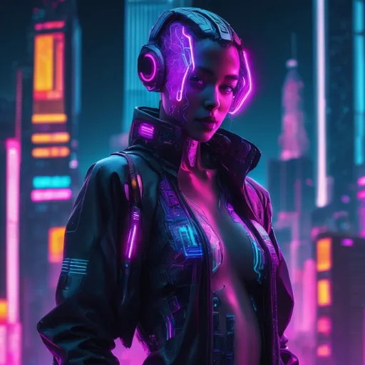 Prompt: Cyberpunk android, (futuristic), glowing neon lights, high-tech gadgets integrated, metallic skin with intricate patterns, intense urban background with skyscrapers and holograms, (moody atmosphere), vibrant and dark color palette of blues, purples, and pinks, high detail on facial features and expression, (4K) quality, (highly detailed) urban cyber ambiance.