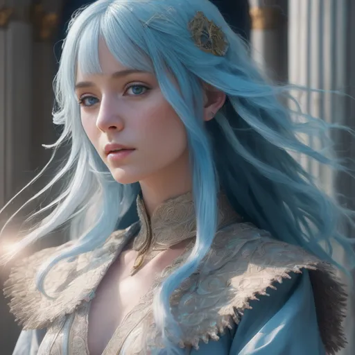 Prompt: freckled Clarie Farron with fringed choppy pale blue hair and light blue eyes | wearing byzantine gown | ultra-fine details, intricate scene, ambient lighting, soft glow, elegant, 16, symmetrical facial features, accurate anatomy, sharp focus, final fantasy cgi still, artgerm, taken on nikon d750, scenic, gossamer, iridescent, ethereal, auroracore, vaporwave, splash art, pixiv, tumblr instagram