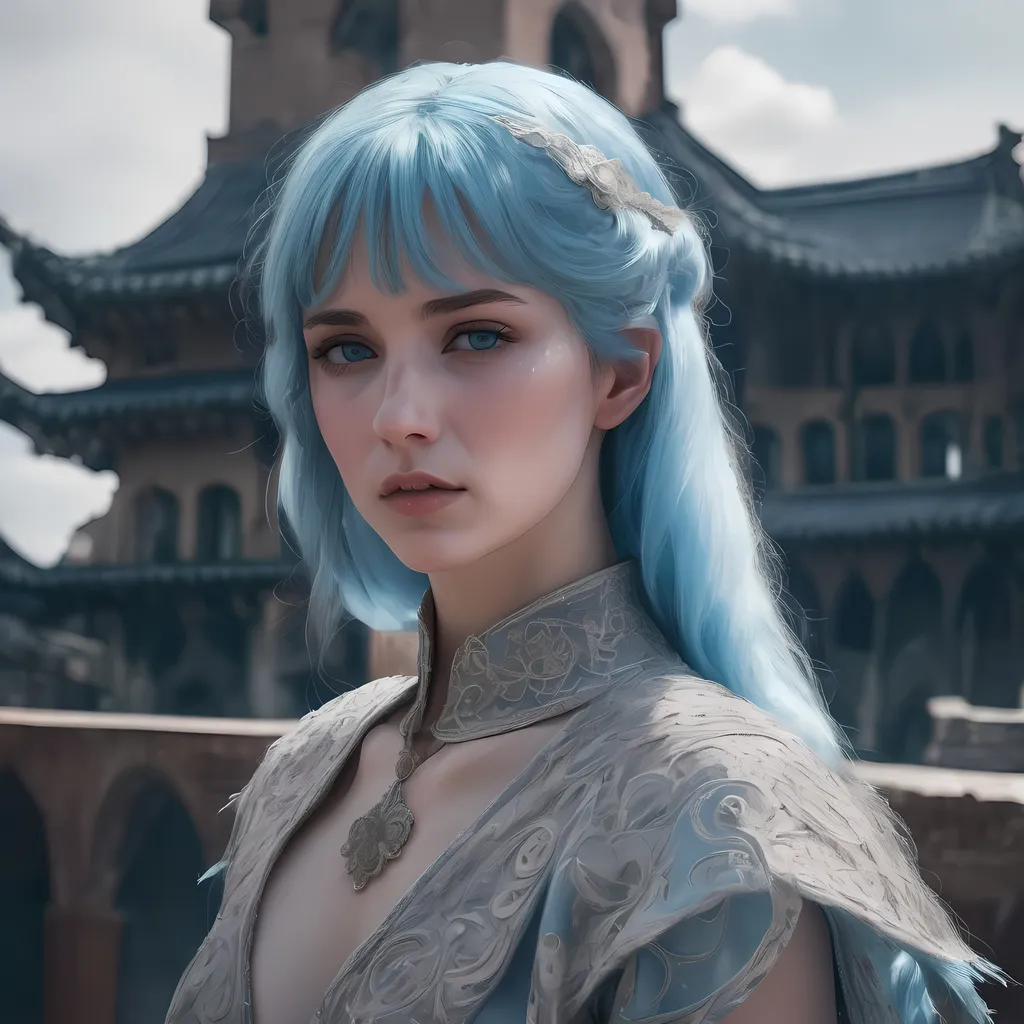 Prompt: freckled woman with fringed choppy pale blue hair and light blue eyes | wearing byzantine gown | ultra-fine details, intricate scene, ambient lighting, soft glow, elegant, 16, symmetrical facial features, accurate anatomy, sharp focus, final fantasy cgi still, artgerm, taken on nikon d750, scenic, gossamer, iridescent, ethereal, auroracore, vaporwave, splash art, pixiv, tumblr instagram