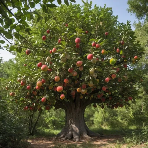 Prompt: Árbol muy grande y frondoso del bosque con muchos frutos