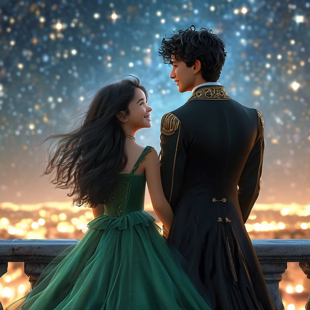 Prompt: two people standing on a marble blanocy. looking at the stars, one a girl and one a guy, the girl has long black hair, the guy is taller and black curly hair. she is wearing a green gown big and flowy  and he is wearing a magical black suit. she is laughing and he is watching her. they are looking out from the baloncy and watching the stars. and they aree standing a couple feet from each other