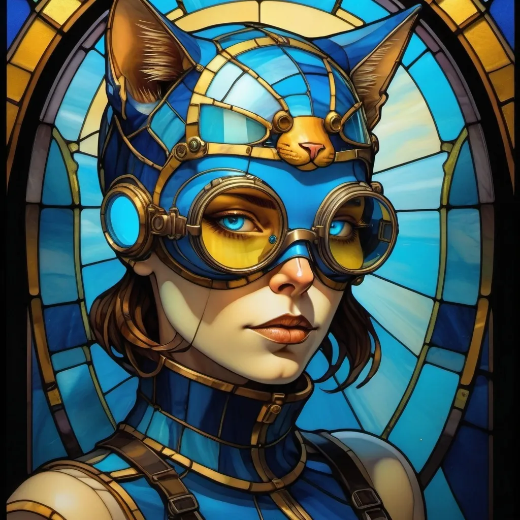 Prompt: a woman with a cat mask and goggles on her head and a blue body with gold accents and a blue background, Android Jones, retrofuturism, steampunk, cyberpunk art