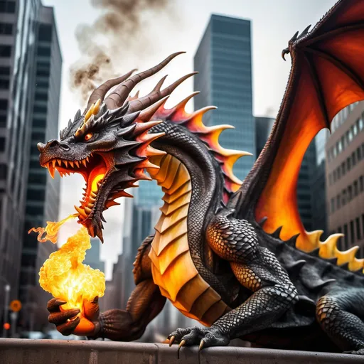 Prompt: Dangerous dragon breathing fire in the city

