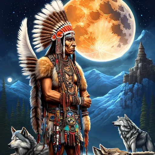 Prompt: a  Indian chief while in  native clothing standing next to a wolf in front of a full moon sky with mountains and trees, Anne Stokes, fantasy art, highly detailed digital painting, a fine art painting