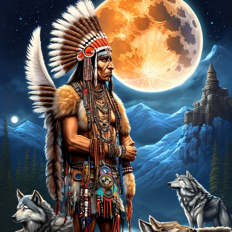 Prompt: a  Indian chief while in  native clothing standing next to a wolf in front of a full moon sky with mountains and trees, Anne Stokes, fantasy art, highly detailed digital painting, a fine art painting