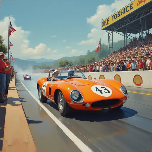 Prompt: a painting of a colorful vintage 1960s vintage sports car driving down a race track with a crowd of people watching from the stands, Brothers Hildebrandt, photorealism, trending on art station, a detailed matte painting