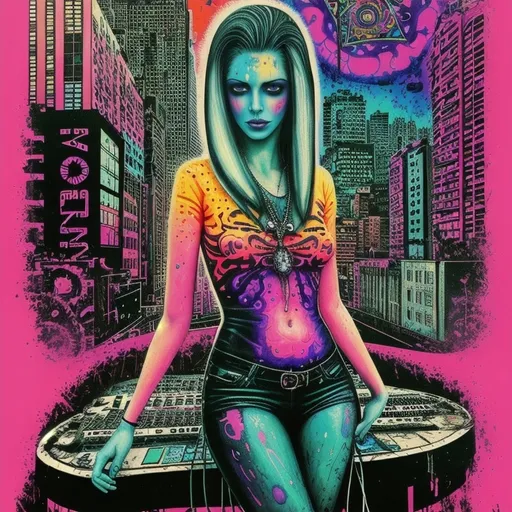 Prompt: psychedelic print Cyperpunk , city style , melting, concert poster, trick of the eye painting