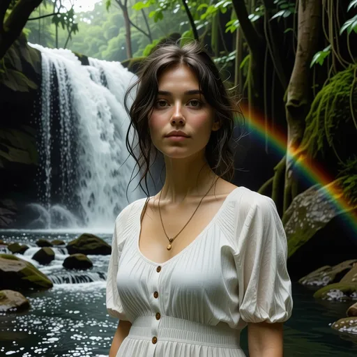 Prompt: Dreamy rainbows portrait, pixie , ethereal atmosphere, soft forest waterfall focus