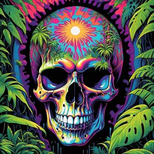 Prompt: psychedelic print skull, jungle, melting, concert poster, trick of the eye painting