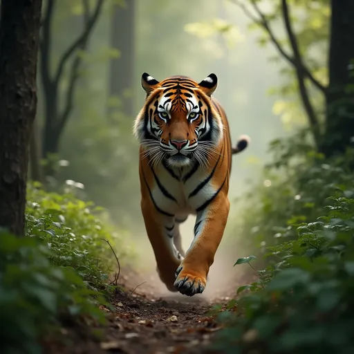 Prompt: A tiger is running slowly in jungle