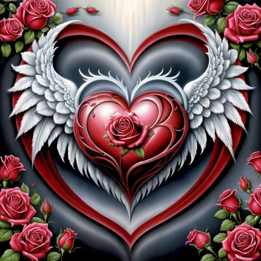 Prompt: a picture of a heart with  and roses on it, with a rose heart in the middle of the picture, Anne Stokes, art, wings, an airbrush painting