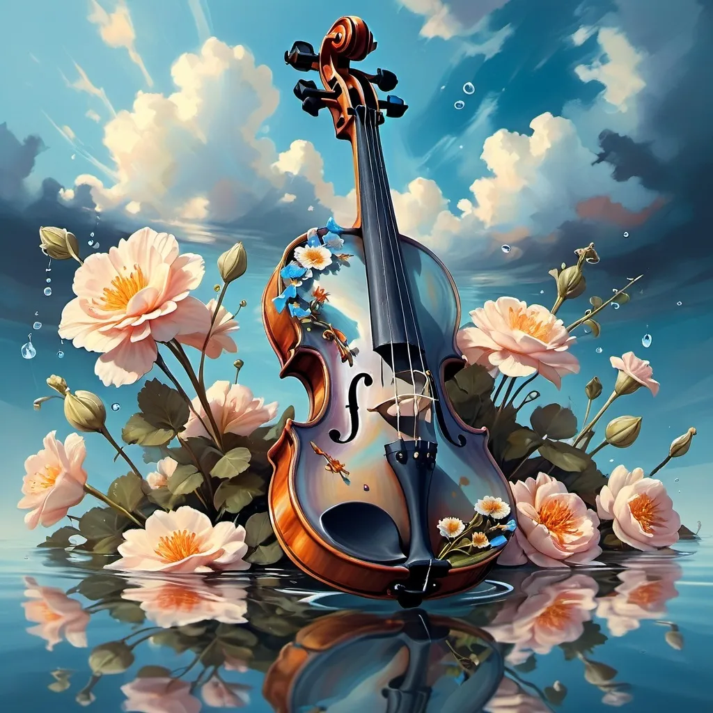 Prompt: a painting of a violin and flowers floating in water with a sky background and clouds above it, with a reflection of the violin, Cyril Rolando, fantasy art, intricate oil painting, a fine art painting