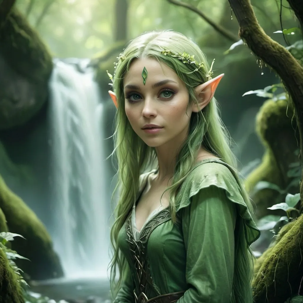 Prompt: Dreamy fantasy portrait, elf , forest waterfall atmosphere, soft focus