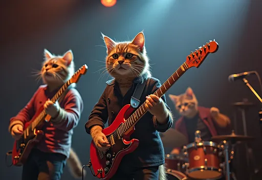 Prompt: a rock band of cats on a stage, photorealistic. One is singing, one is playing guitar and the other is playing the drums. The rock band should ressemble linking park