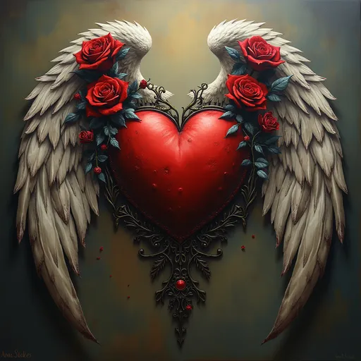 Prompt: a picture of a heart with wings and roses on it, with a rose heart in the middle of the picture, Anne Stokes, gothic art, wings, an airbrush painting