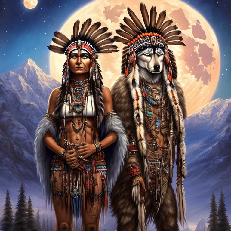 Prompt: a  Indian chief while in  native clothing standing next to a wolf in front of a full moon sky with mountains and trees, Anne Stokes, fantasy art, highly detailed digital painting, a fine art painting