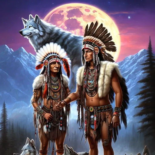 Prompt: a  Indian chief while in  native clothing standing next to a wolf in front of a full moon sky with mountains and trees, Anne Stokes, fantasy art, highly detailed digital painting, a fine art painting