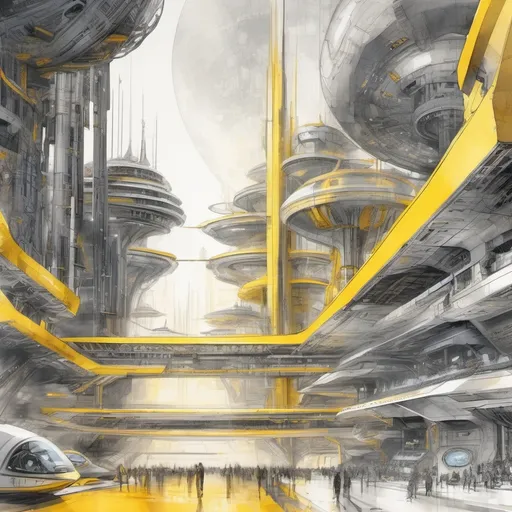 Prompt: futuristic spaceport with towers  in shades of gray and yellow, ink and wash  on paper,