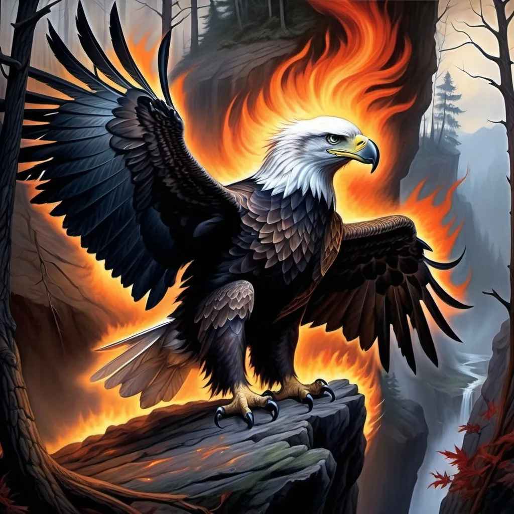 Prompt: a painting of an eagel sitting on a cliff in the woods with flames coming out of the woods , Anne Stokes, fantasy art, dark fantasy art, concept art