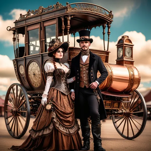 Prompt: Steampunk very detailed man and woman standing by a stagecoach 